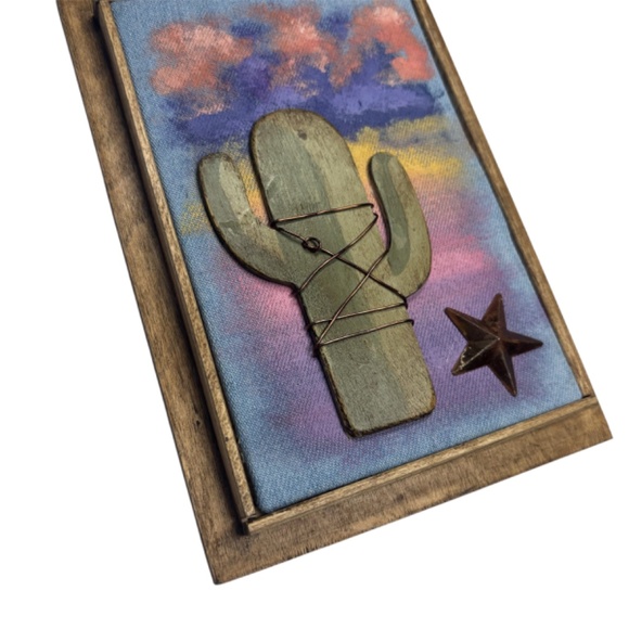 Mixed Media Wall Art Saguaro Cactus Scene Sunset Stars Desert Southwest 6 x 8 - Picture 3 of 5